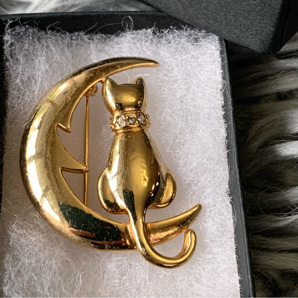Vintage Cat & Moon Brooch - Picture 1 of 6